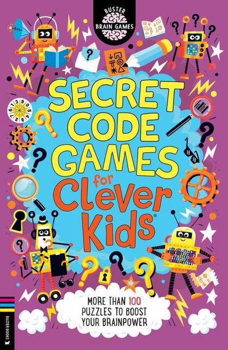 "Secret Code Games for Clever Kids. More than 100 puzzles to boost your brainpower." Bunte Roboter und Rätsel-Icons.