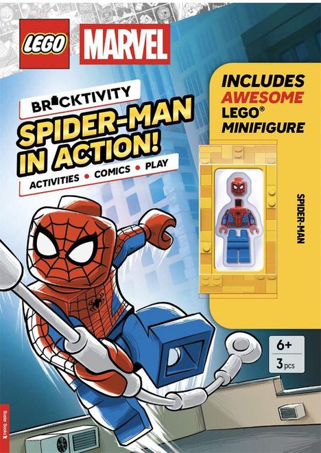 Text: "SPIDER-MAN IN ACTION! Includes awesome LEGO Minifigure". Illustration: LEGO Spider-Man schwingt durch die Stadt.