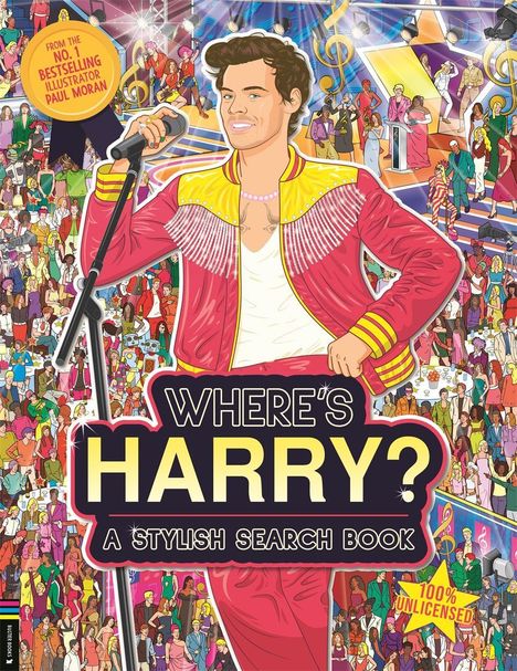 „WHERE'S HARRY? A STYLISH SEARCH BOOK“ in großen Buchstaben. Viele Menschen tanzen. Eine Person im Vordergrund singt ins Mikrofon.