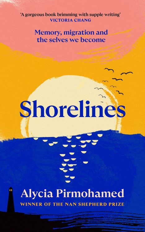 Buchcover von "Shorelines" zeigt einen Sonnenuntergang, Vögel entlang der Küste, Zitat von Victoria Chang, Name der Autorin.