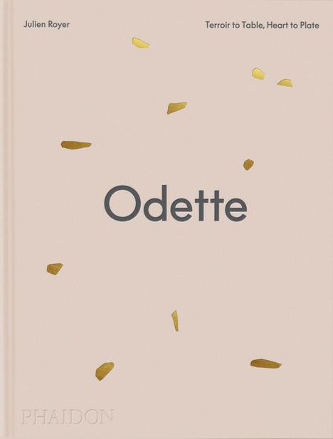 "Odette" steht groß in der Mitte, darüber "Julien Royer" und "Terroir to Table, Heart to Plate" auf hellem Hintergrund. Goldene Punkte.