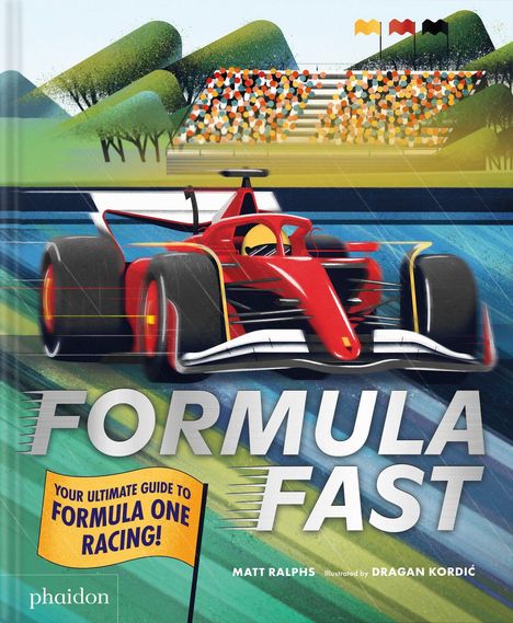“FORMULA FAST” – Ein rotes Formel-1-Auto fährt schnell. Eine Tribüne mit Zuschauern, Bäume und Flaggen im Hintergrund.