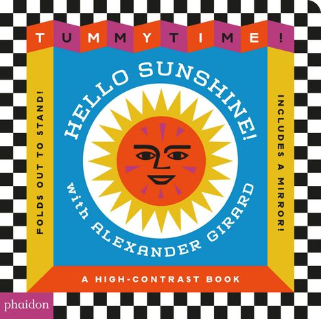 "HELLO SUNSHINE! with Alexander Girard" in bunten Buchstaben umgibt eine stilisierte Sonne auf einem schwarz-weiß karierten Hintergrund.