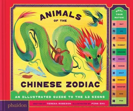 "ANIMALS OF THE CHINESE ZODIAC" steht über einem grünen Drachen mit anderen Tieren und bunten chinesischen Zeichen.