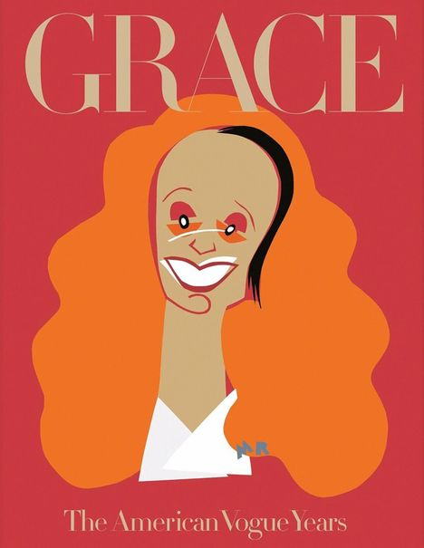 „GRACE“ oben, „The American Vogue Years“ unten. Illustration eines stilisierten Gesichts mit rotem Haar und breitem Lächeln.