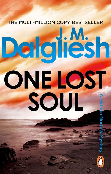 Titel: "ONE LOST SOUL". Autor: "J.M. Dalgliesh". Dramatischer Himmel, Küste, Wasser, Felsen. Logo einer kleinen Pinguinzeichnung.