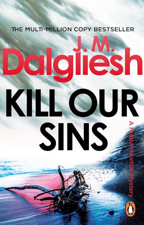 „Kill Our Sins“ von J.M. Dalgliesh. Ein Strand mit einem Baumstamm, weiße und blaue Wellen im Hintergrund.