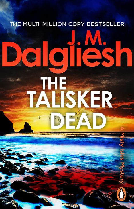 „The Talisker Dead“, J.M. Dalgliesh. Dramatischer Sonnenuntergang am Meer, Felsen im Wasser, zahlreiche Wolken und Vögel.