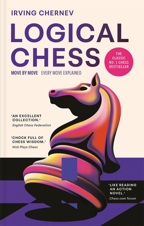 Titel: "LOGICAL CHESS". Autor: Irving Chernev. Schachfigur: Bunt gestaltierter Springer.