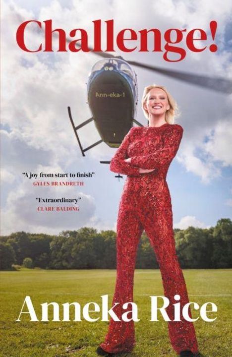 „Challenge!“, „A joy from start to finish“ – Gyles Brandreth, „Extraordinary“ – Clare Balding. Frau in rotem Outfit vor Helikopter.