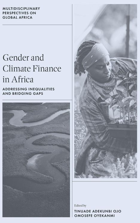 „Gender and Climate Finance in Africa“ über einem Luftbild einer Flusslandschaft und einer Frau mit Pflanzen.