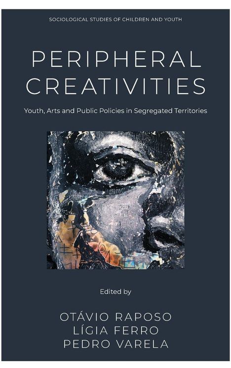 "PERIPHERAL CREATIVITIES: Youth, Arts and Public Policies in Segregated Territories" steht über einem abstrakten Gesichtsgemälde.