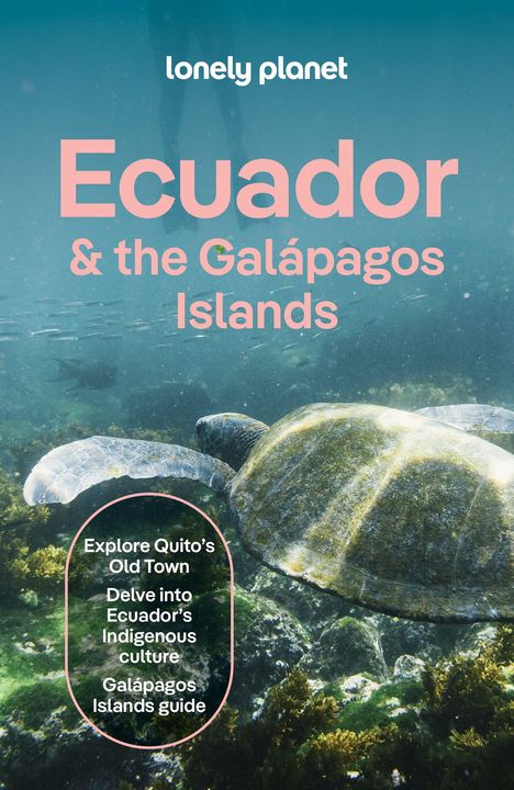 Text: "Ecuador & the Galápagos Islands", "Explore Quito’s Old Town", "Delve into Ecuador’s Indigenous culture", "Galápagos Islands guide". Eine Schildkröte schwimmt im klaren Wasser über Algen.