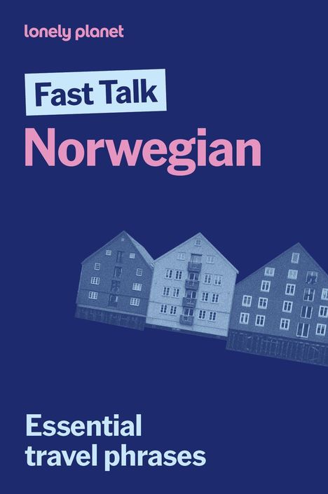 Text: "lonely planet, Fast Talk Norwegian, Essential travel phrases". Illustration mit geneigten Häuserfassaden.