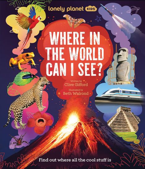 "WHERE IN THE WORLD CAN I SEE?" In der Mitte sind bunte Tiere, Pflanzen, ein Vulkan und Sehenswürdigkeiten abgebildet.