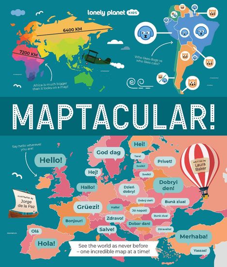 "MAPTACULAR! Hello! Grüezi! Bonjour! Hola! Illustration und Luftballon auf bunter Weltkarte mit Texten und Tier-Icons."