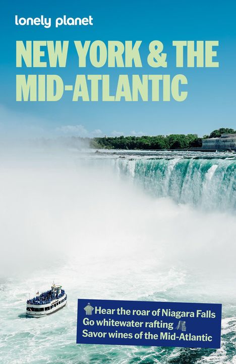 NEW YORK & THE MID-ATLANTIC; Ein Wasserfall und ein Touristenboot in weißem Wasser; blaues Banner mit Sehenswürdigkeiten.