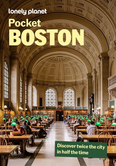 Text: "Pocket Boston", "Discover twice the city in half the time". Eine große, prächtige Bibliothek mit hohen Decken.