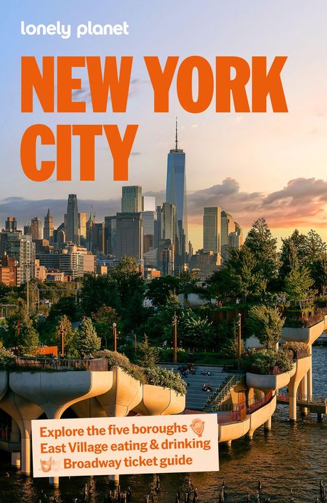 Oben steht „NEW YORK CITY“ in orange. Unten ein moderner Park mit Bäumen, im Hintergrund die Skyline von New York.