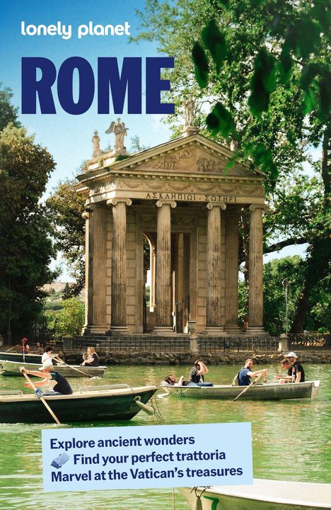 Titel: "ROME". Ruinen eines griechischen Tempels umrahmt von Bäumen; Boote auf grünem Wasser.