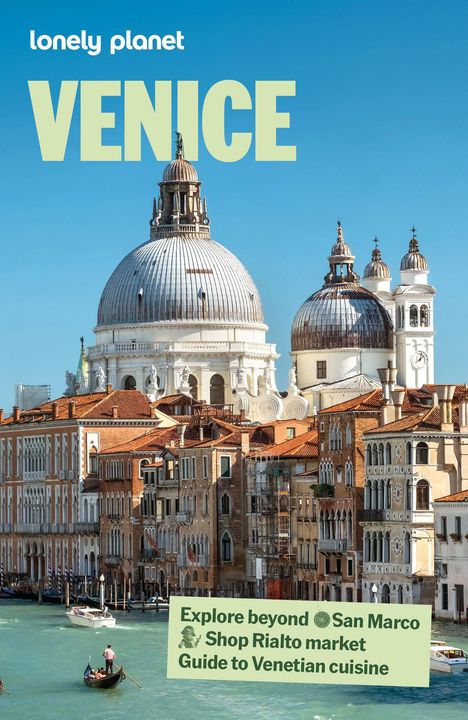 Großer Text "VENICE". Darunter Gebäude mit roten Dächern, dominiert von einer weißen, großen Kuppel. Kanäle mit Booten.