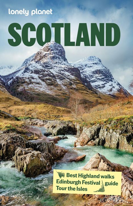 Lonely Planet, Scotland. Best Highland walks, Edinburgh Festival guide, Tour the Isles. Schneebedeckte Berge und Bach.