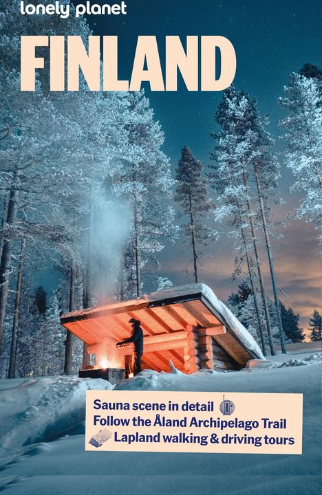Text: "Sauna scene in detail. Follow the Åland Archipelago Trail. Lapland walking & driving tours." Winterliche Hütte im Wald.
