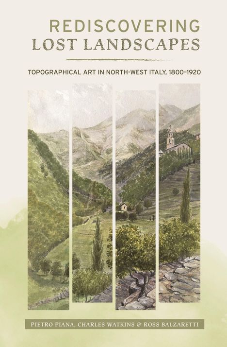 "Rediscovering Lost Landscapes" in Großschrift. Landschaftsillustration in Streifen, Hügel und Gebäude sichtbar.