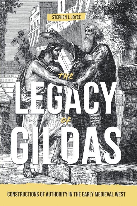 "THE LEGACY OF GILDAS" in großen Buchstaben, Illustration zweier Männer, einer gießt dem anderen Wasser über den Kopf.