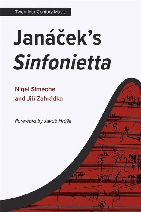 "Janáček’s Sinfonietta" von Nigel Simeone und Jiří Zahrádka, Vorwort von Jakub Hrůša. Rotes Notenblatt als Illustration.