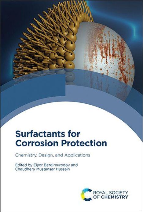 "Surfactants for Corrosion Protection" ist der Titel. Ein Molekülmodell zeigt den Schutz eines Metallobjekts vor Korrosion.