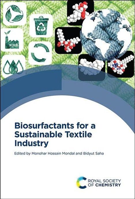 Titel: Biosurfactants for a Sustainable Textile Industry. Herausgegeben von Monohar Hossain Mondal und Bidyut Saha. Logos und Bilder von Molekülen und Natur.