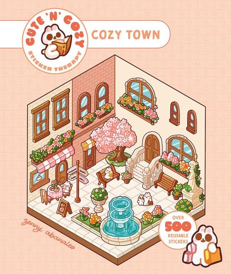 „Cute 'n' Cozy Sticker Therapy“, „Cozy Town“, „Over 500 Reusable Stickers“. Illustration eines gemütlichen Stadtplatzes.