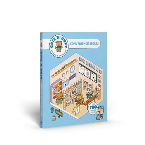 "CUTE 'N' COZY, CONVENIENCE STORES, OVER 200 REUSABLE STICKERS." Illustration eines Ladens mit Tieren.