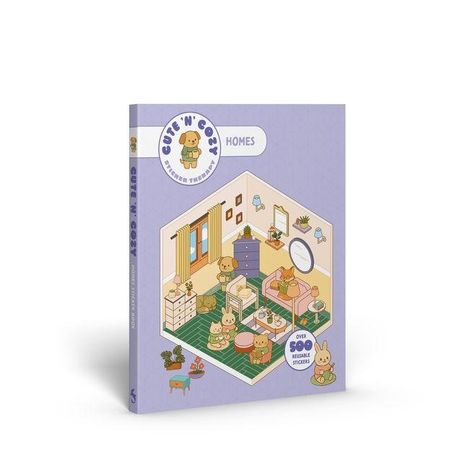"Cute 'n' Cozy Homes" mit über 500 wiederv. Stickern. Illustration eines gemütlichen Zimmers mit Tieren und Möbeln.