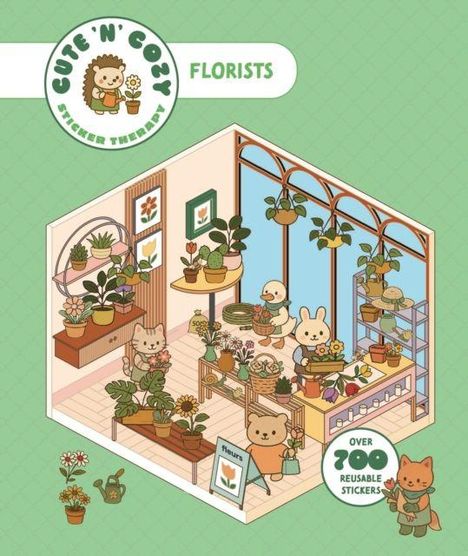 "Florists", "Over 700 reusable stickers". Illustration eines niedlichen Blumenladens mit Tierfiguren und Pflanzen.