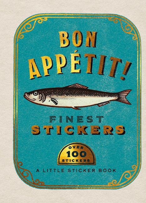 „Bon Appétit! Finest Stickers. Over 100 Stickers. A Little Sticker Book“. Ein Fisch vor blauem Hintergrund in einem Retro-Design.