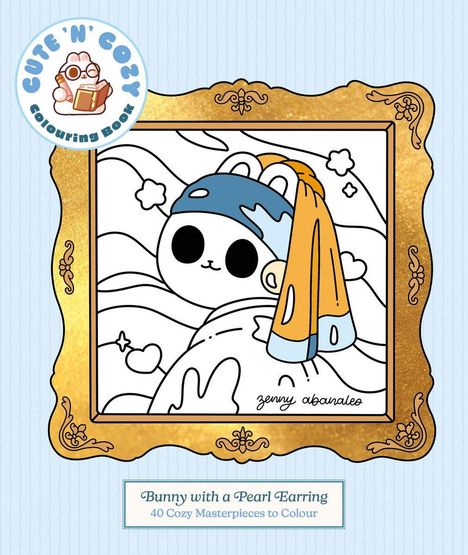 „Bunny with a Pearl Earring“: Illustration eines Hasen mit blauem Tuch und Ohrschmuck, in einem goldenen Rahmen.