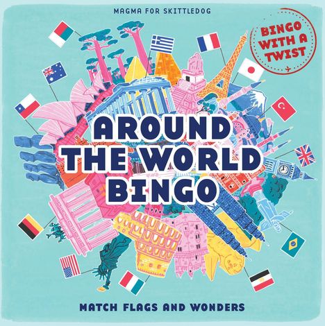 "Around the World Bingo" in großen Buchstaben, umgeben von Wahrzeichen und Flaggen aus verschiedenen Ländern.