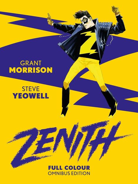 "GRANT MORRISON, STEVE YEOWELL, ZENITH, FULL COLOUR OMNIBUS EDITION". Illustration: figurative Figur in gelbem und blauem Outfit.