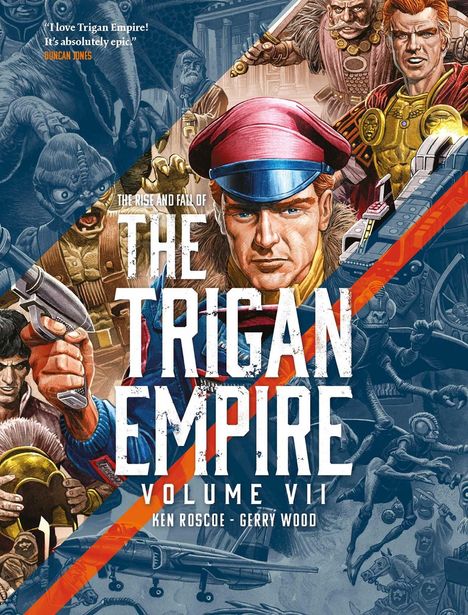 Text: "The Rise and Fall of The Trigan Empire Volume VII". Darunter sind Sci-Fi-Charaktere, Raumschiffe und futuristische Szenen.
