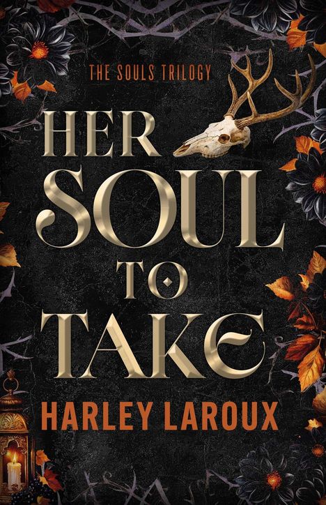"HER SOUL TO TAKE" von Harley Laroux. Dunkles Thema mit Herbstblättern, Blumen und einem Hirschschädel.