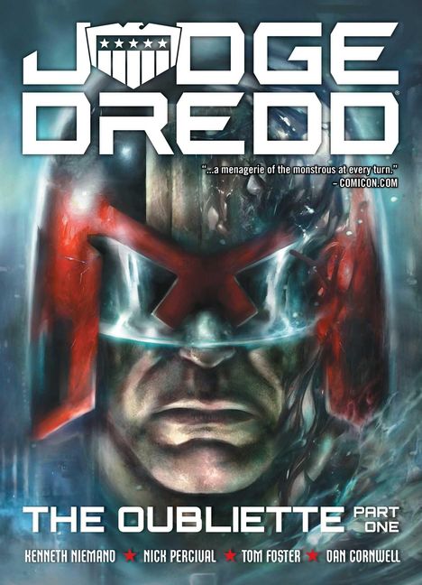 „Judge Dredd: The Oubliette Part One“. Nahaufnahme eines grimmigen Gesichts mit Helmmaske. Comic-Stil.