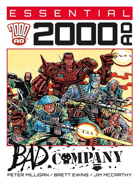 "ESSENTIAL 2000 AD", "BAD COMPANY" - Illustration mit Soldaten, Robotern und futuristischen Waffen in actionreicher Szene.
