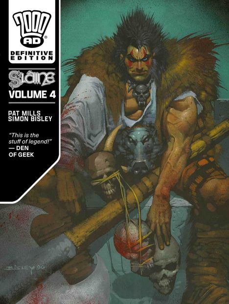 „2000 AD Definitive Edition. Sláine Volume 4. Pat Mills, Simon Bisley.” Krieger mit Kriegsbemalung, Pelz und Schädelsymbolen.