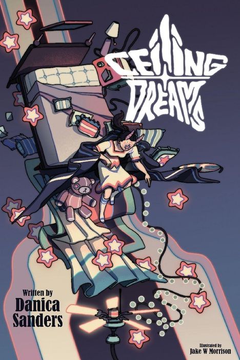 "CEILING DREAMS" steht groß im Zentrum. Ein Mädchen in einem Kleid treibt über einem Bett inmitten schwebender Objekte.