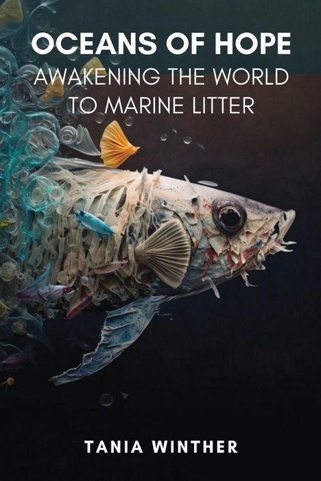 "Oceans of Hope: Awakening the World to Marine Litter. Tania Winther." Ein Fisch aus Müllteilen illustriert dies.