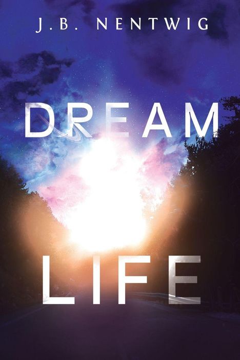 J. B. Nentwig, DREAM LIFE. Heller Lichtschein vor nachtblauem Himmel mit Bäumen am Rand.