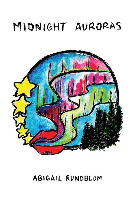 "Midnight Auroras", Illustration einer bunten Aurora mit fünf Sternen und Bäumen, von Abigail Rundblom.
