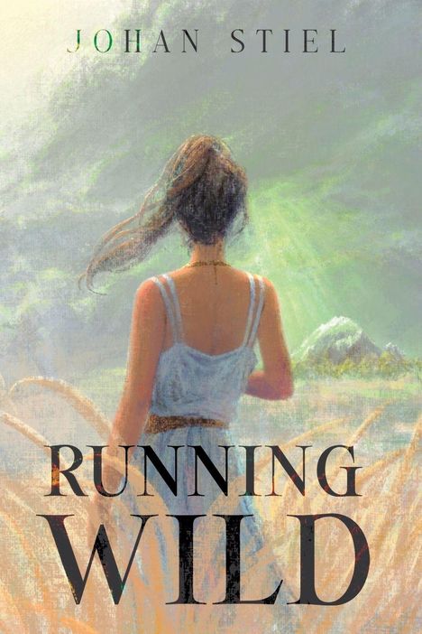Text: "Johan Stiel", "Running Wild". 

Darunter eine Illustration einer Frau in einem blauen Kleid in einer Landschaft.